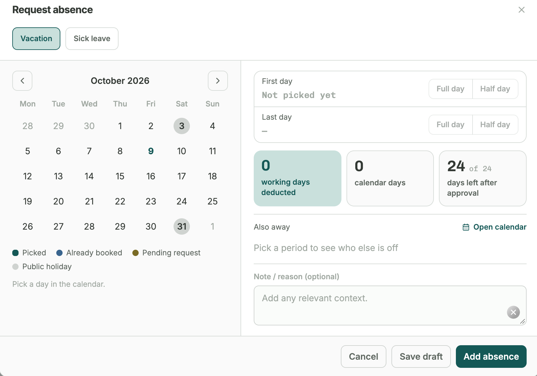 Absence request with calendar, remaining leave and overview of who else is away