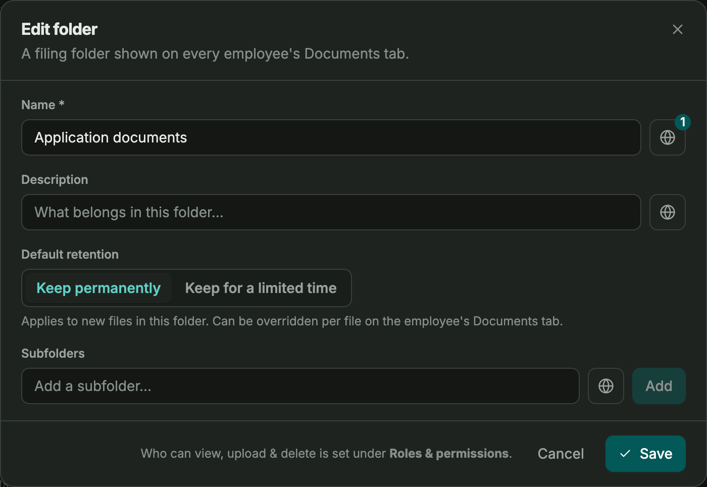 Folder settings with retention rules