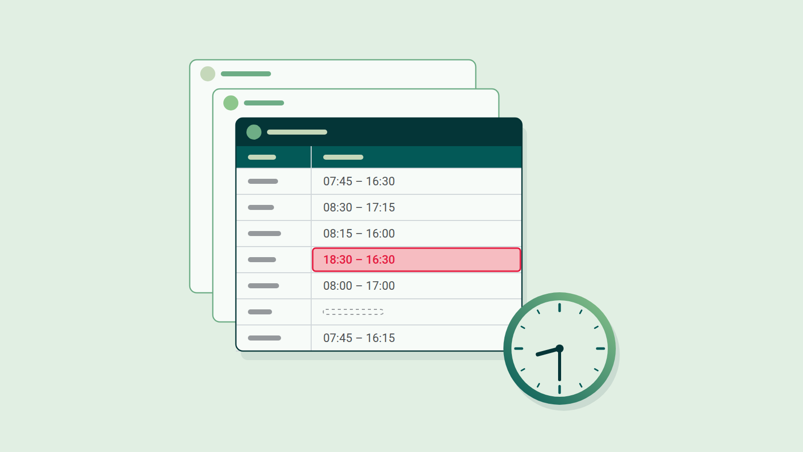 Separate time tracking spreadsheets for each employee, with one wrong entry highlighted in red and a clock in front.