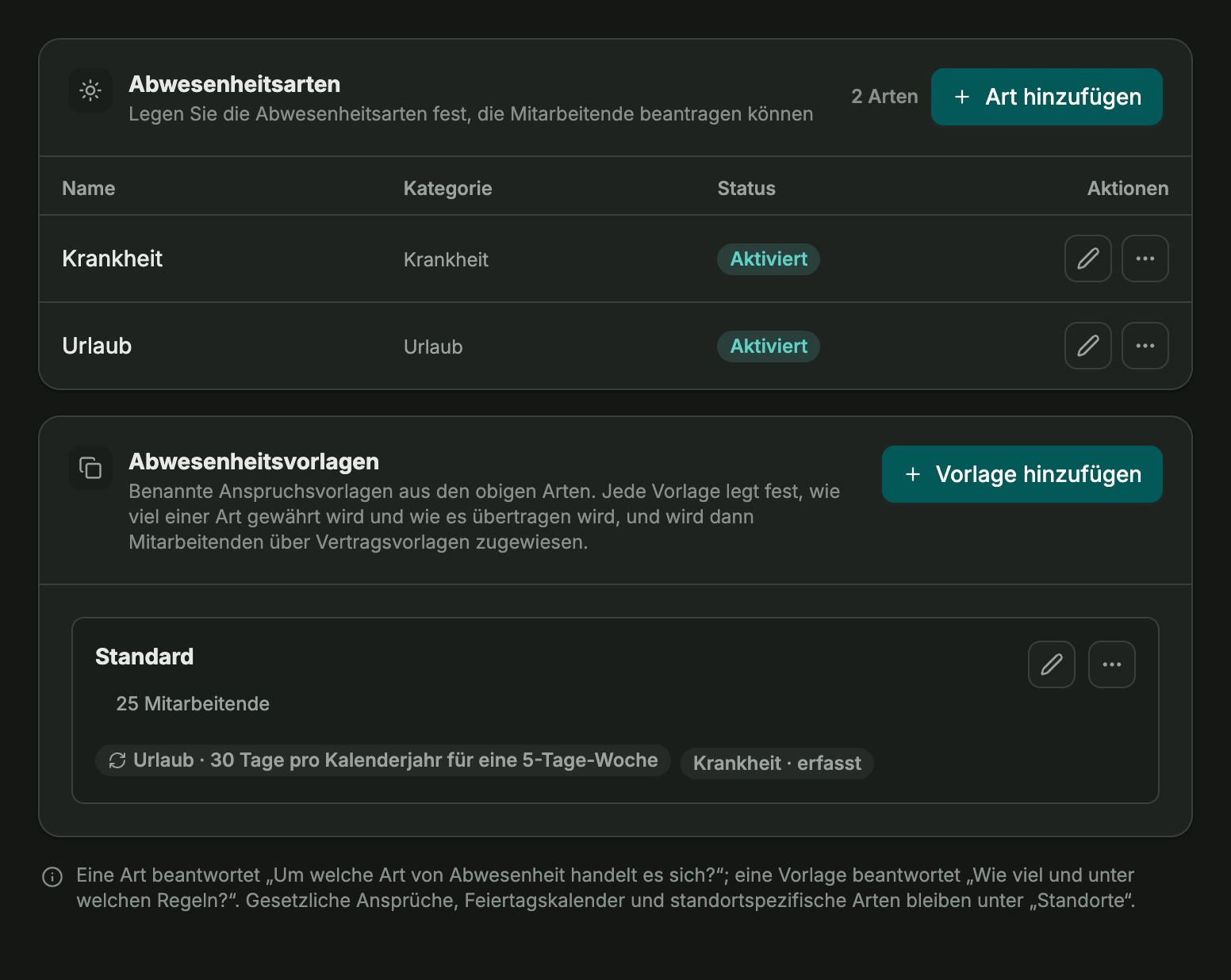 Abwesenheitsarten und Urlaubsansprüche unternehmensweit festlegen