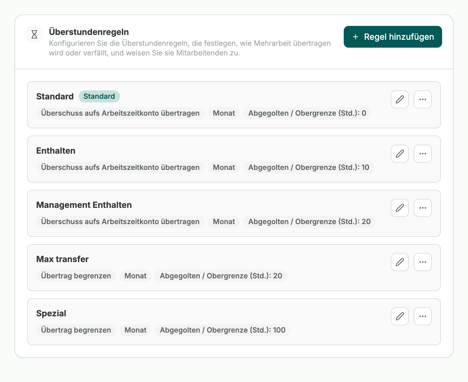 Übersicht der Überstundenregelungen mit Optionen zum Anlegen und Bearbeiten