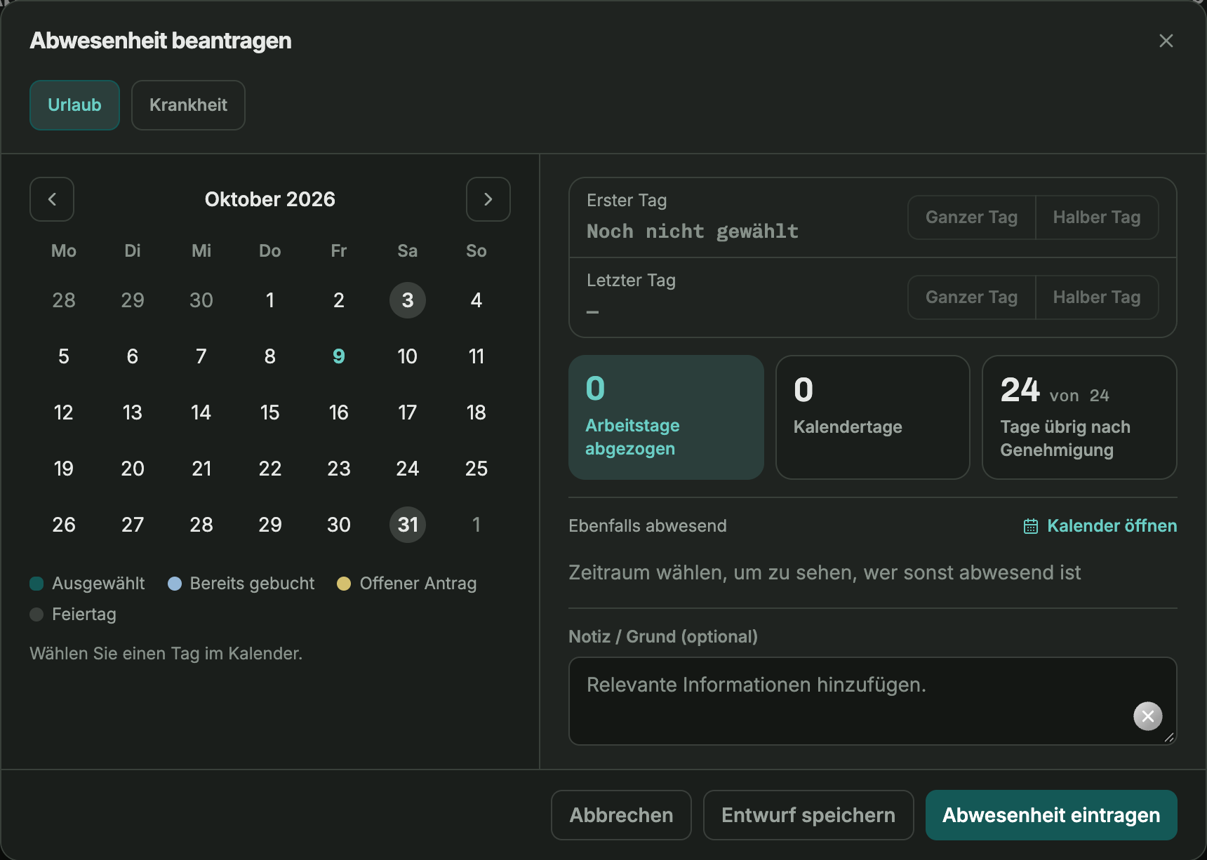 Abwesenheitsantrag mit Kalender, Resturlaub und Übersicht, wer sonst abwesend ist