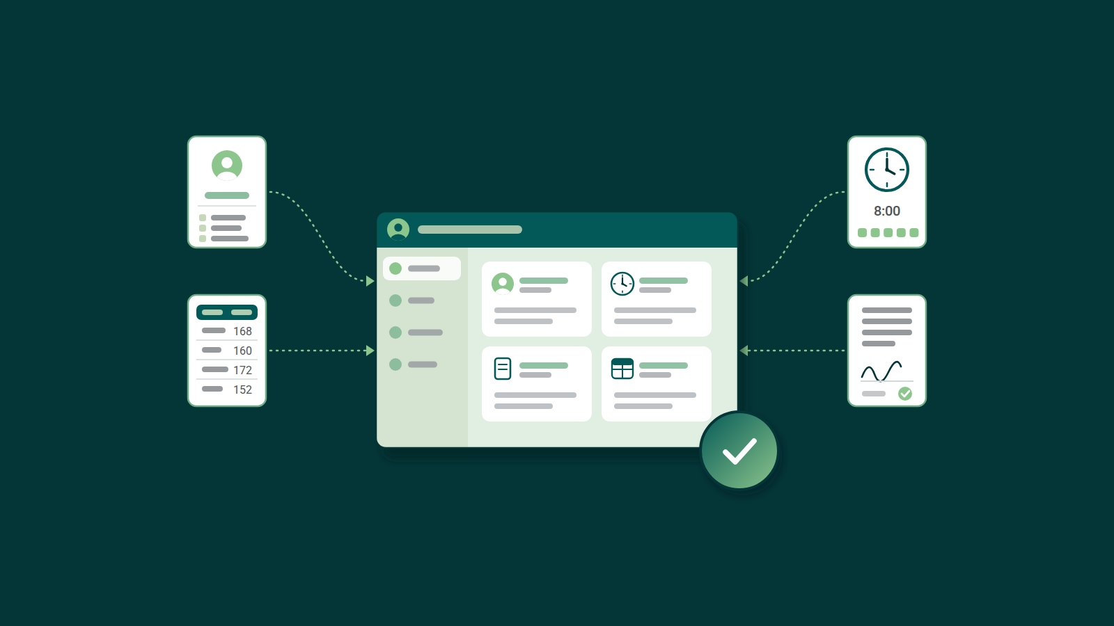 Cards for employee records, time tracking, documents and payroll numbers flow into one app window on a dark green background.