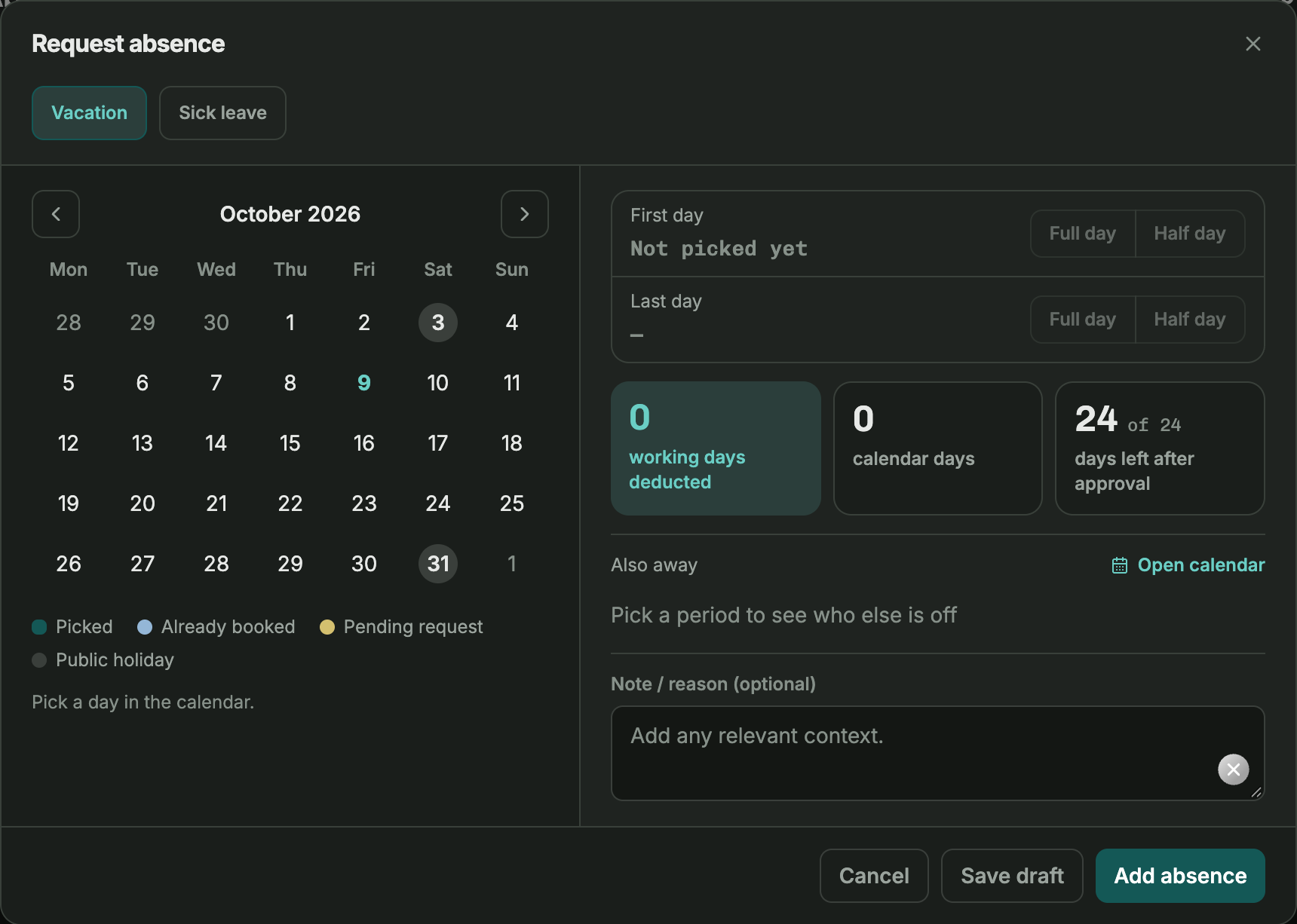 Absence request with calendar, remaining leave and overview of who else is away