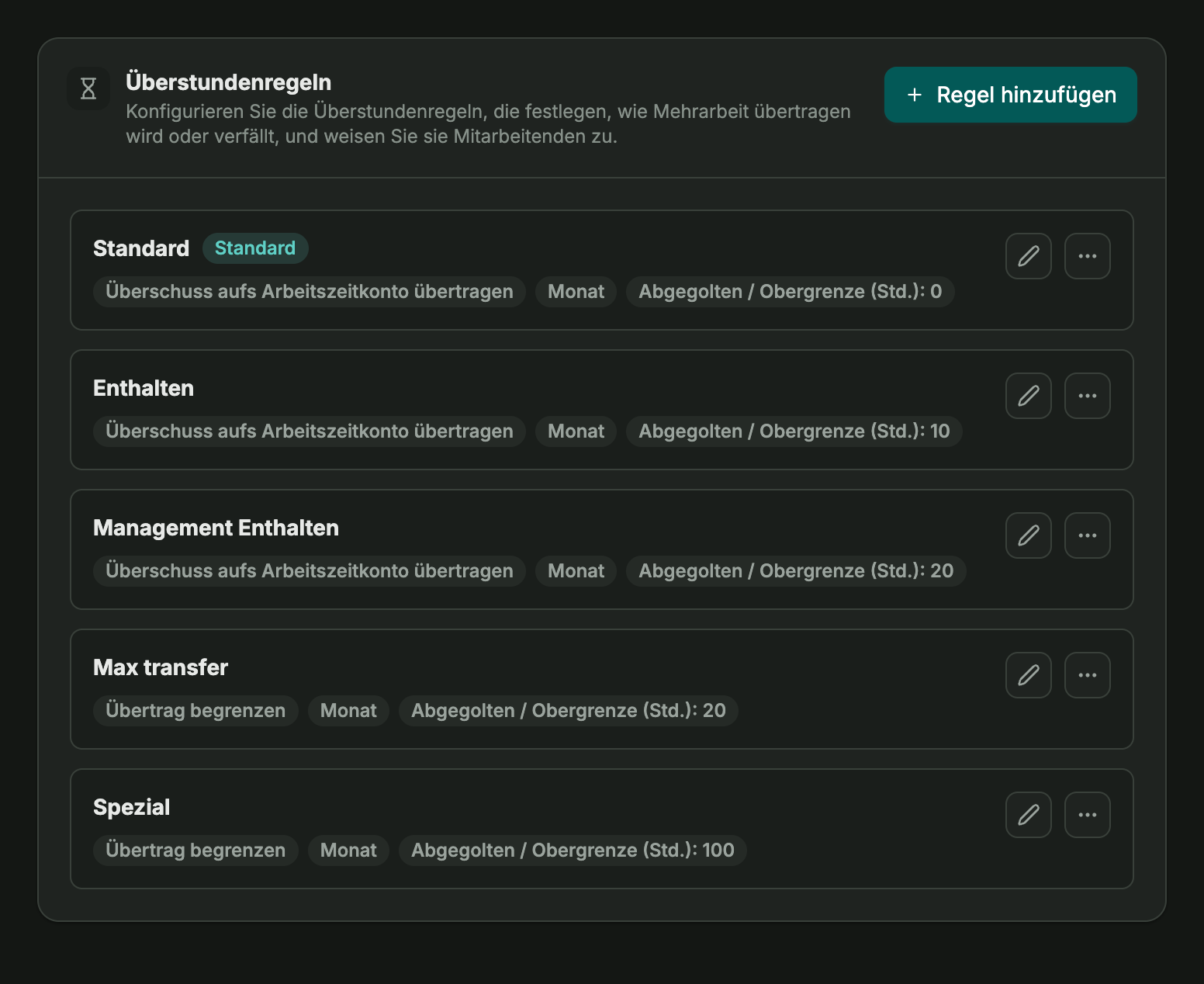 Übersicht der Überstundenregelungen mit Optionen zum Anlegen und Bearbeiten