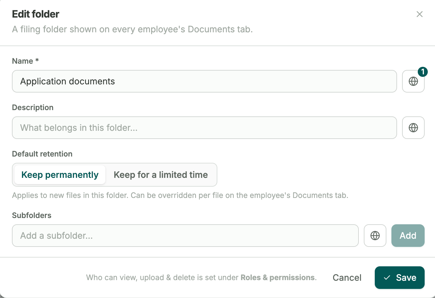Folder settings with retention rules