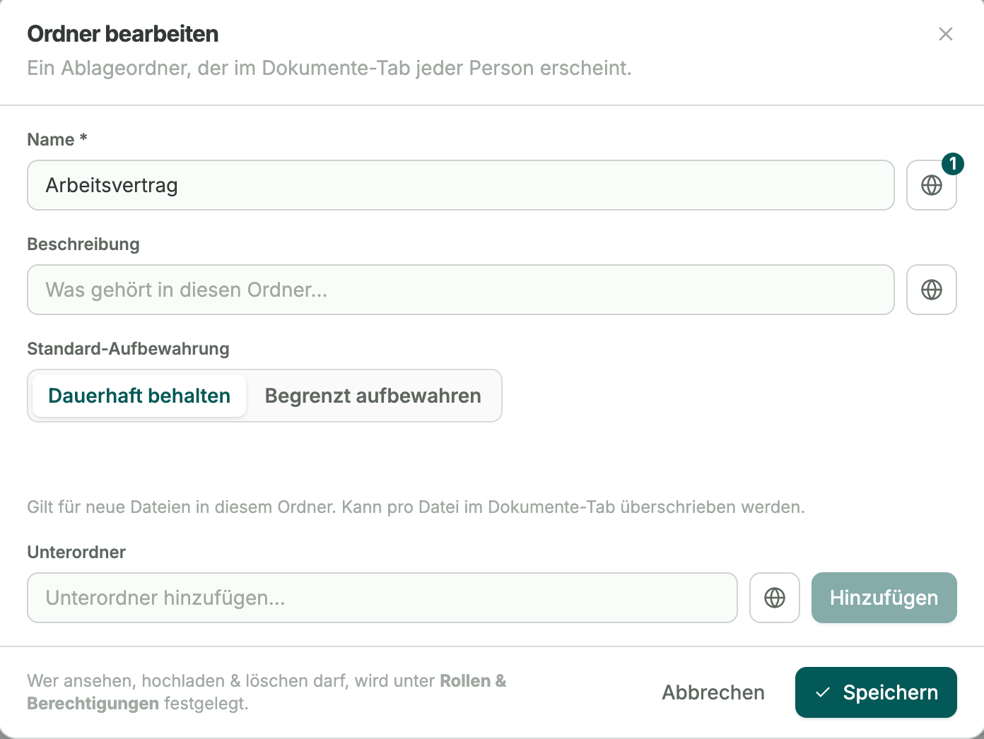 Ordnereinstellungen mit Aufbewahrungsregeln