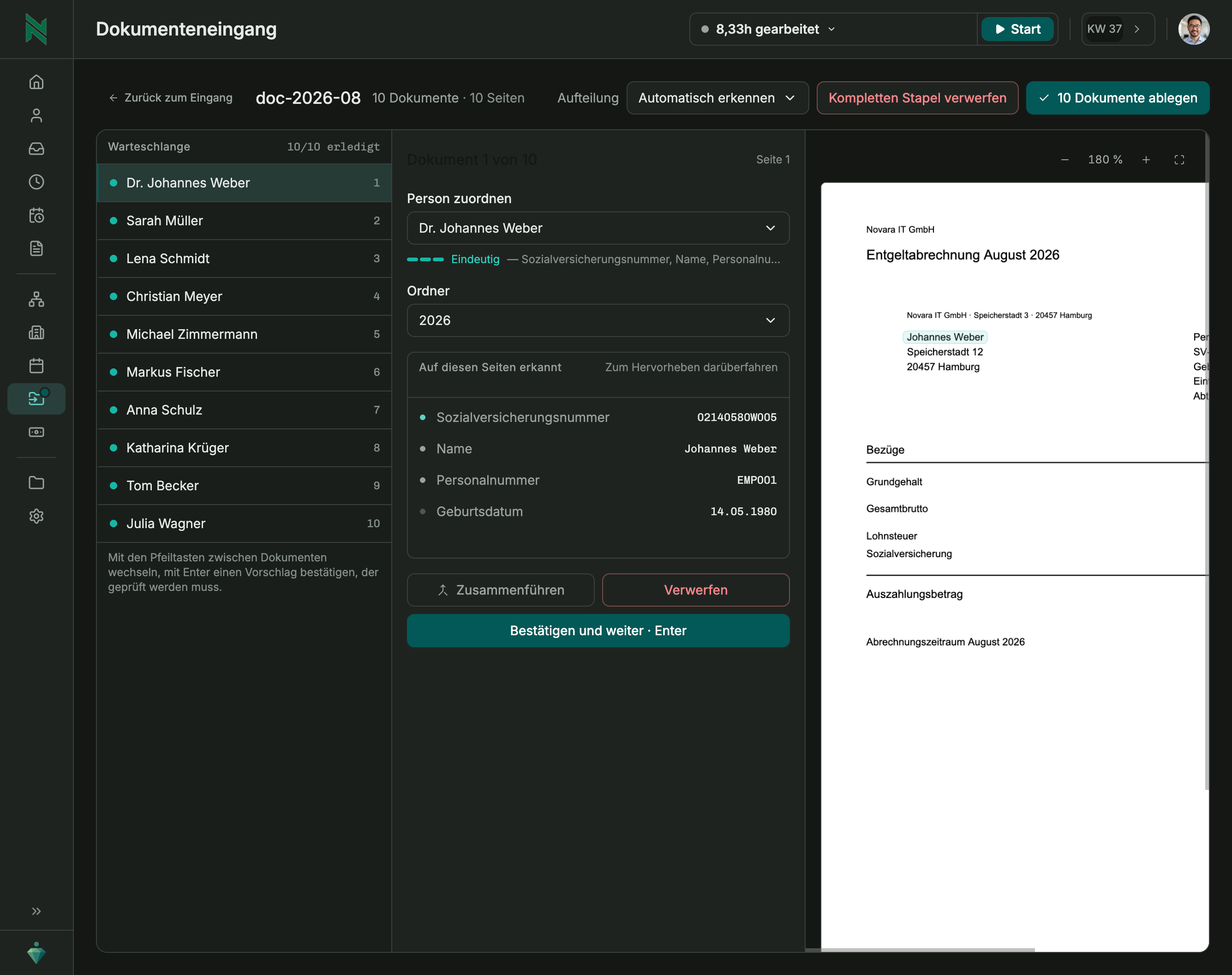 Dokumententrennung: ein mehrseitiger Upload wird in einzelne Dokumente zerlegt und den passenden Personalakten zugeordnet