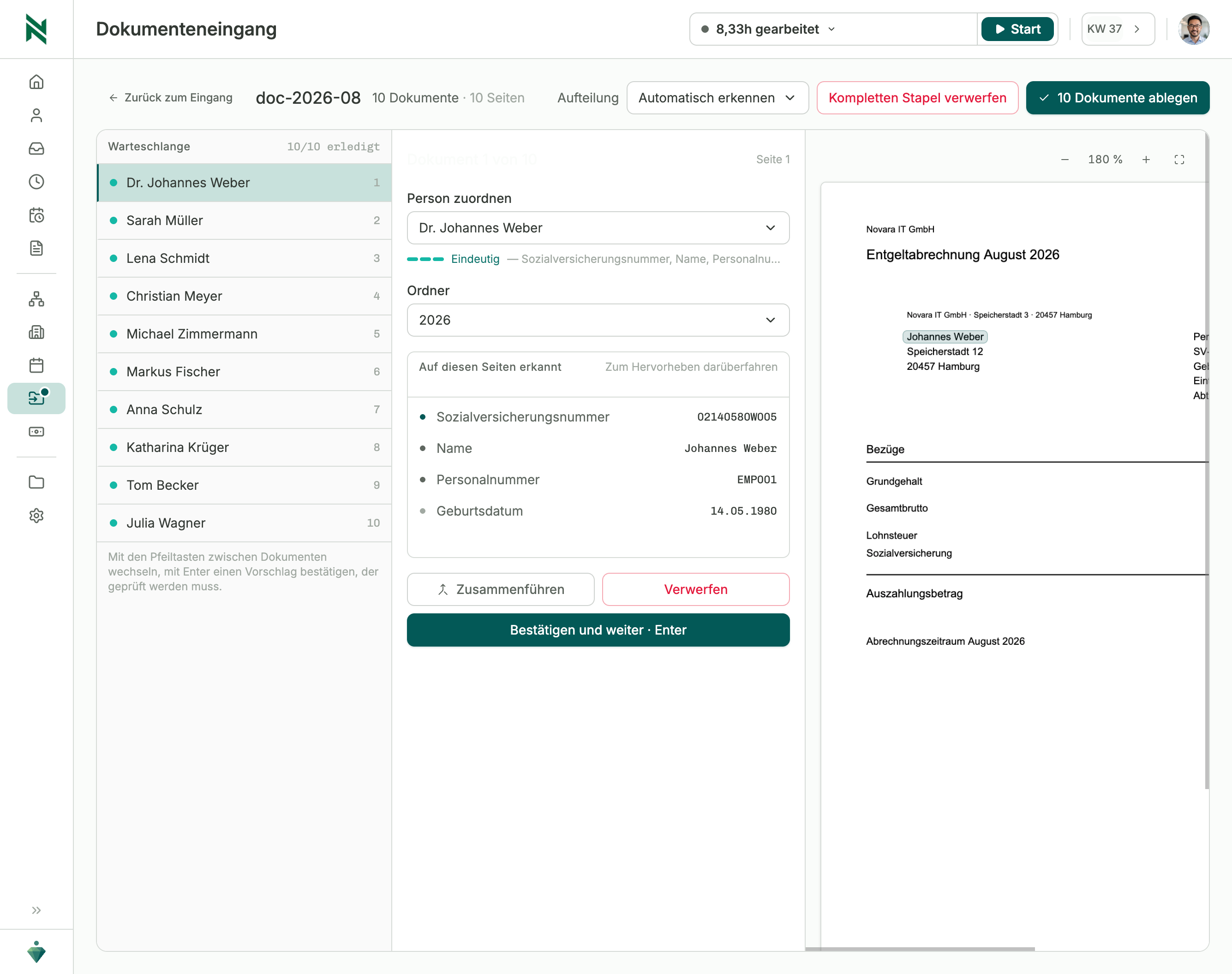 Dokumententrennung: ein mehrseitiger Upload wird in einzelne Dokumente zerlegt und den passenden Personalakten zugeordnet