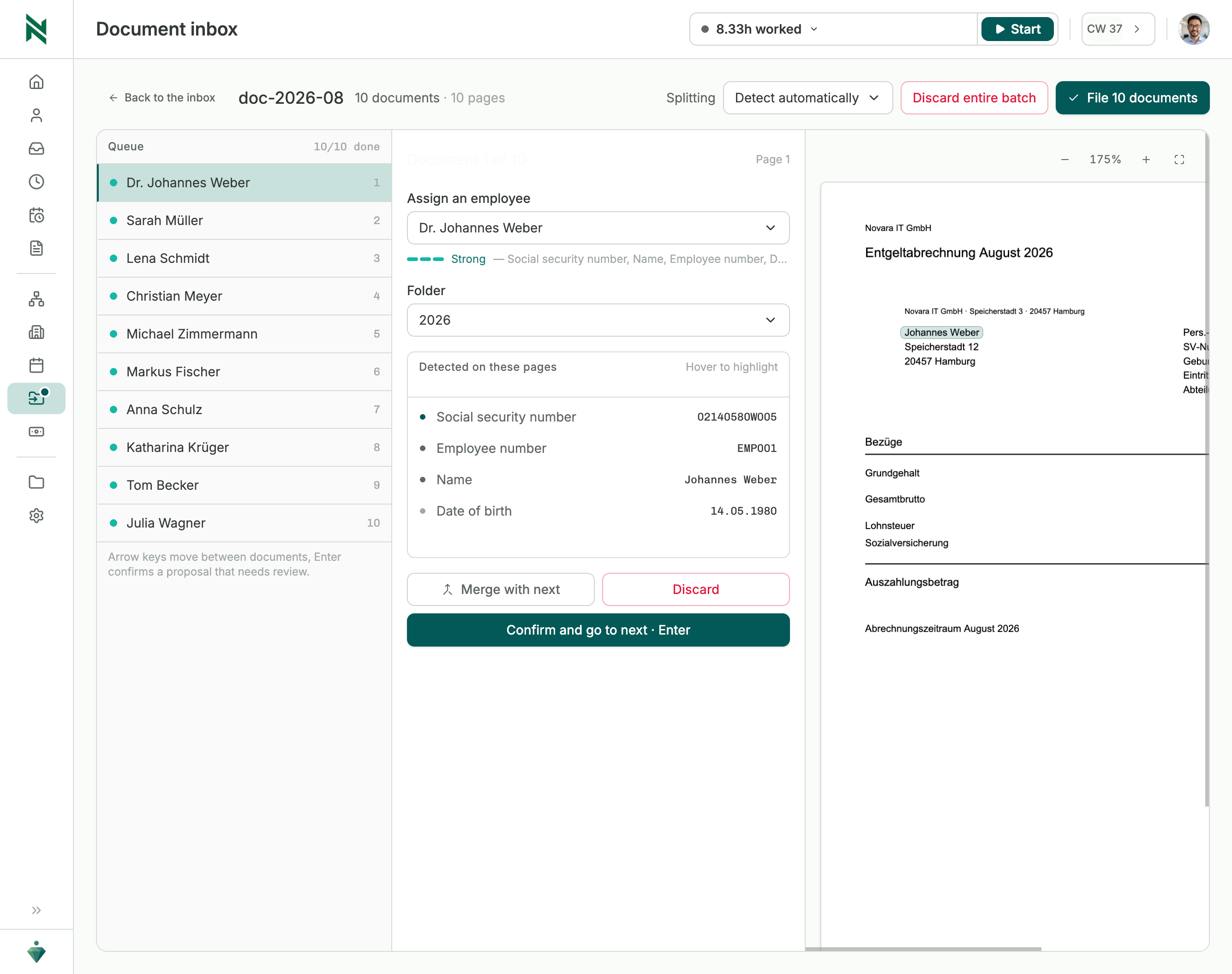 Document splitting: a multi-page upload separated into single documents and filed to the matching personnel records