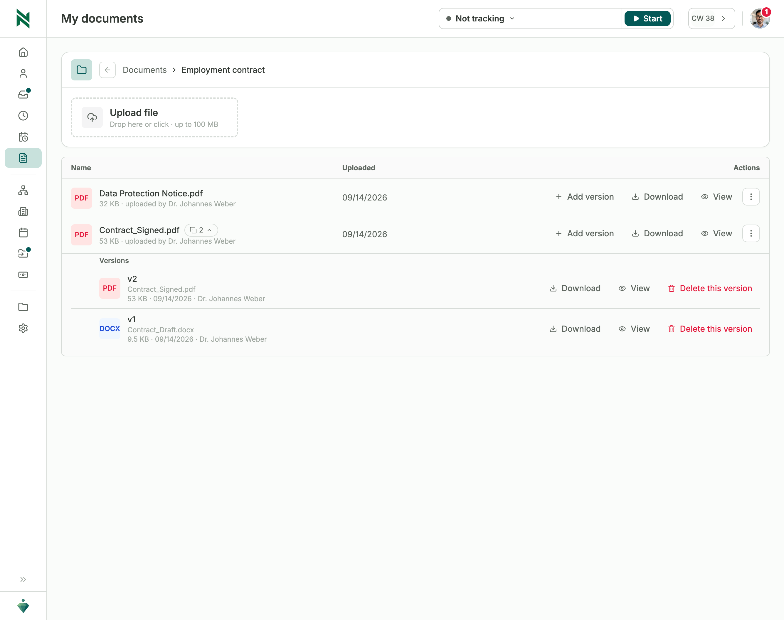 The document overview, showing filed documents and who each one belongs to