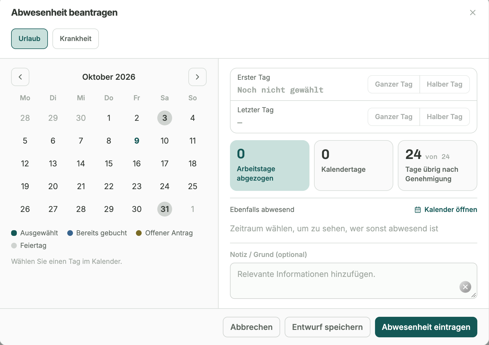Abwesenheitsantrag mit Kalender, Resturlaub und Übersicht, wer sonst abwesend ist