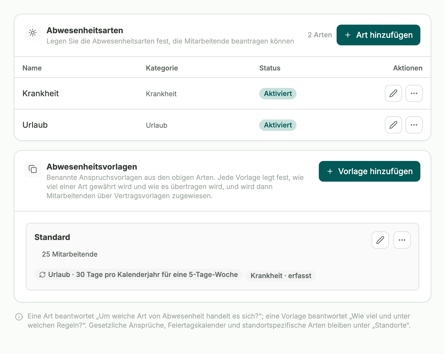 Abwesenheitsarten und Urlaubsansprüche unternehmensweit festlegen