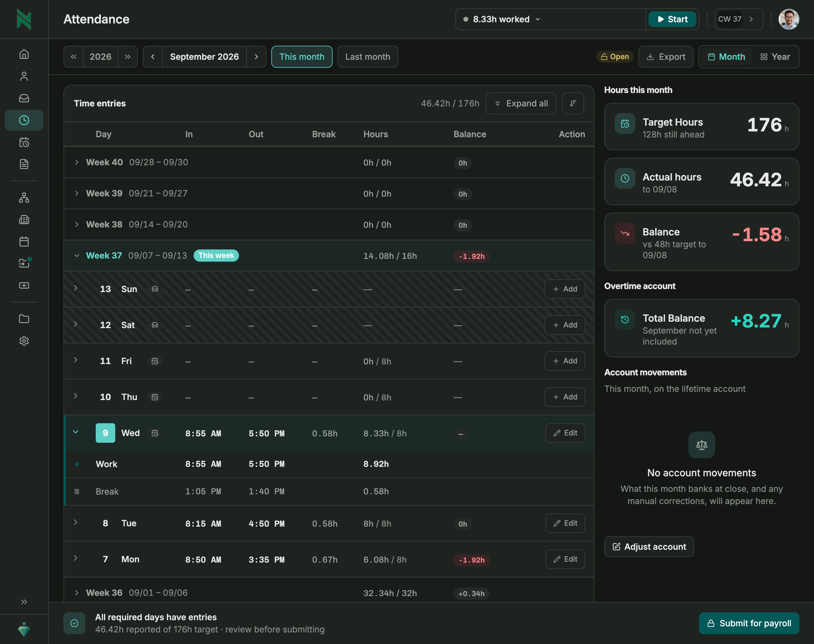 Time tracking, with the month's target hours next to the hours actually recorded